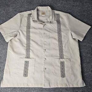 Haband Travelers Shirt Mens Large Beige Guayabera Embroidered Short Sleeve